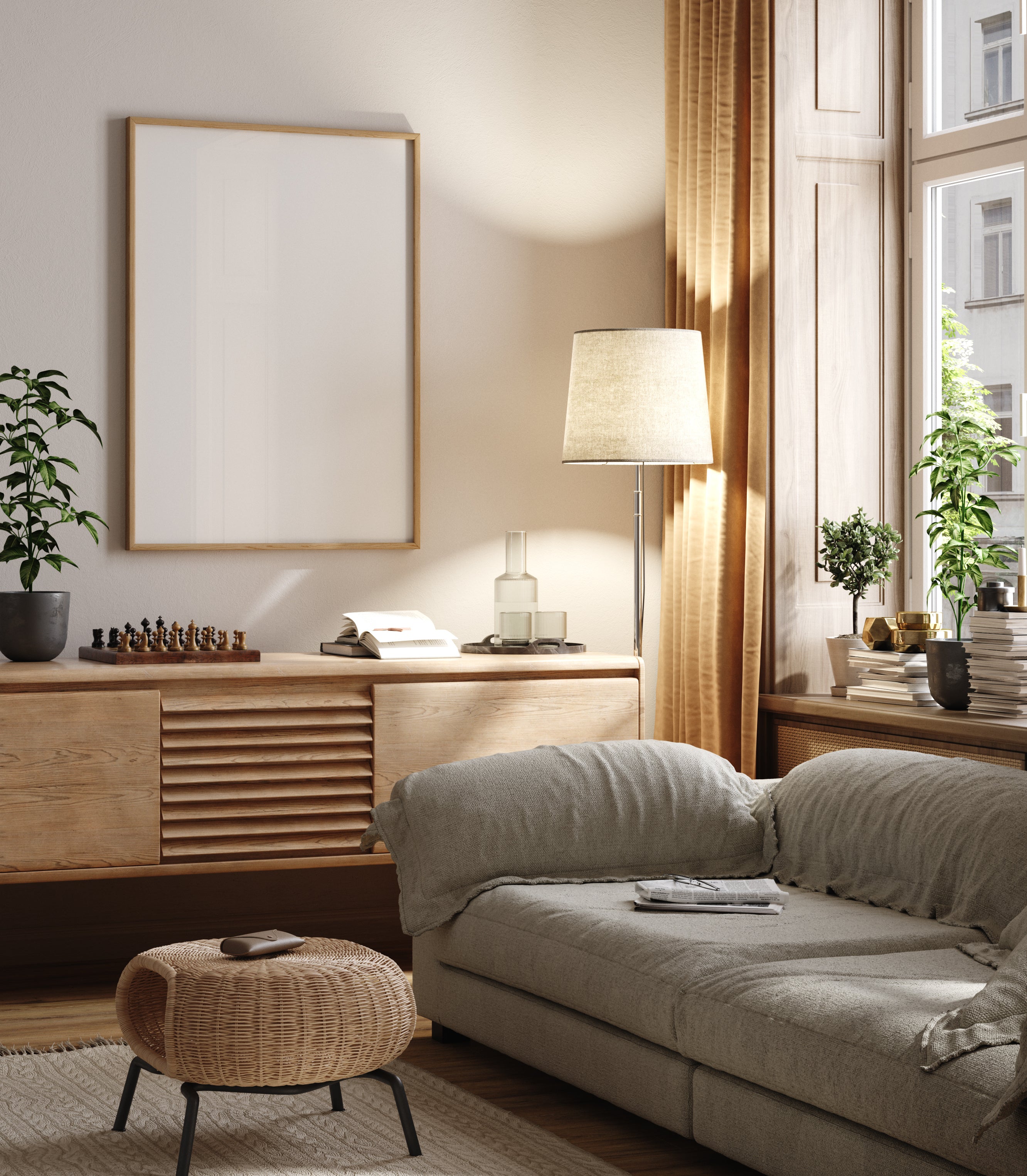 Modern living room with beige sofa, wooden sideboard, and large window.